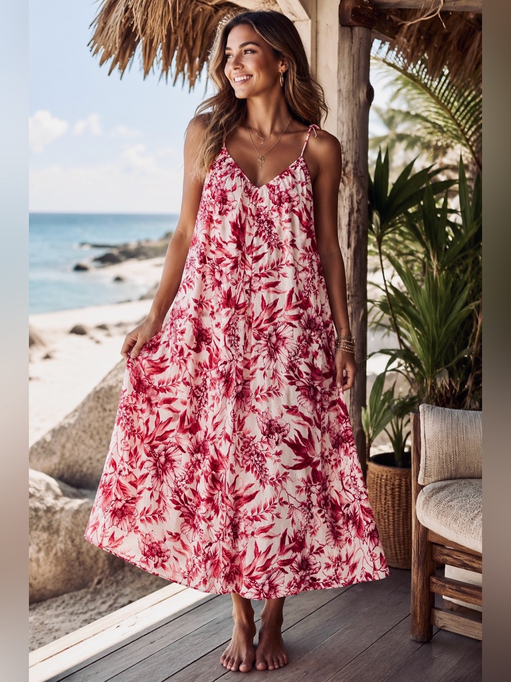 H&M 100% Cotton White Midi Dress w/ Pink Floral Print, Tropical Beach Resort